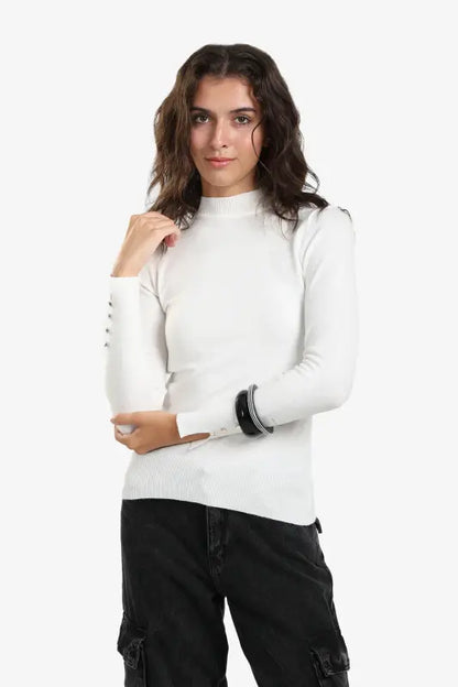 Viscose Blend Solid Mock Neck Pullover – Off White