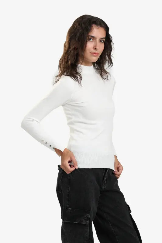 Viscose Blend Solid Mock Neck Pullover – Off White