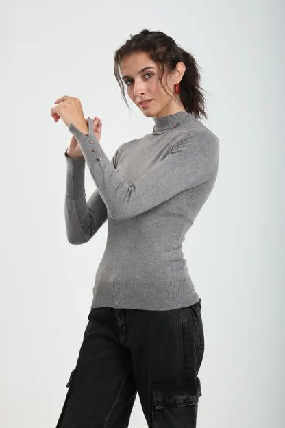 Viscose Blend Solid Mock Neck Pullover – Grey