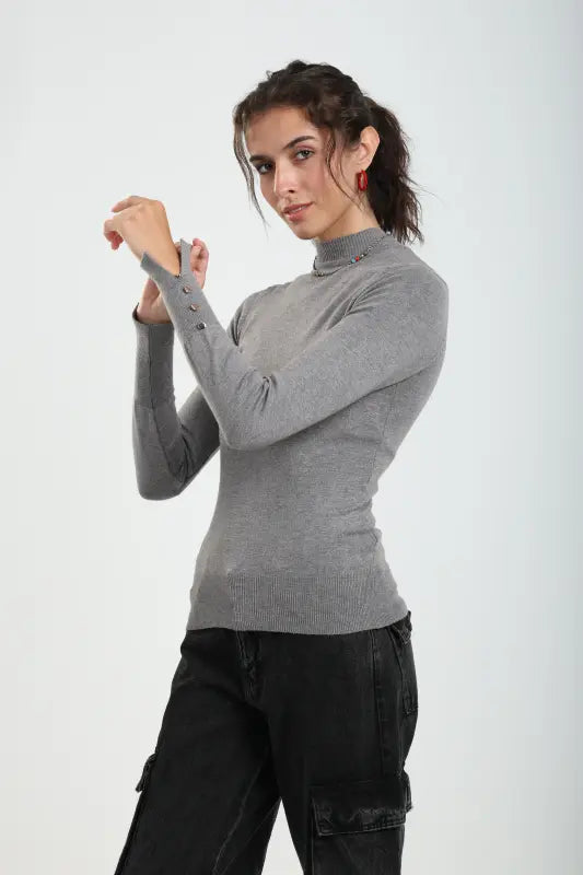 Viscose Blend Solid Mock Neck Pullover – Grey