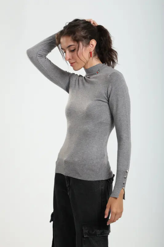 Viscose Blend Solid Mock Neck Pullover – Grey