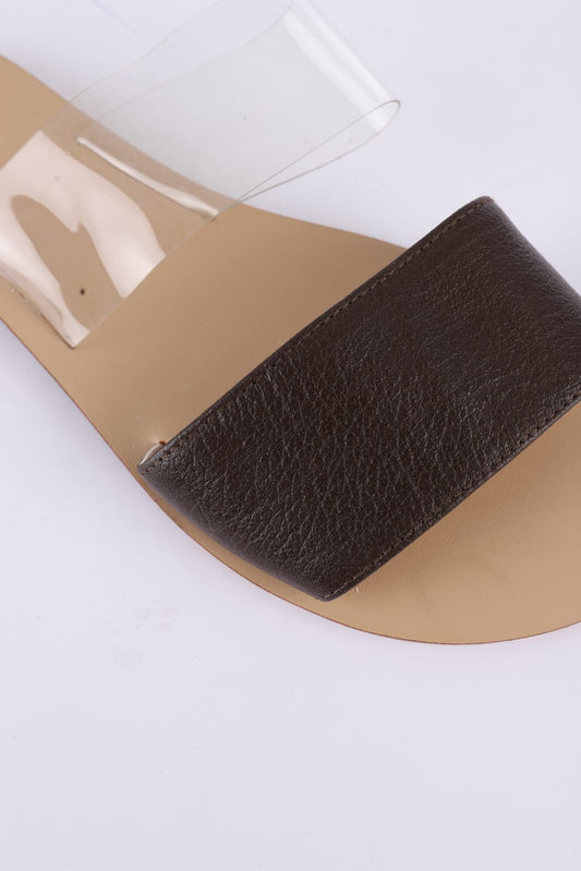 Faux Leather Double Strap Flat Slippers - Brown