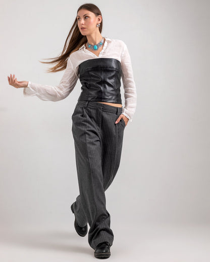 Viscose Striped Wide-Leg Trousers - Dark Grey