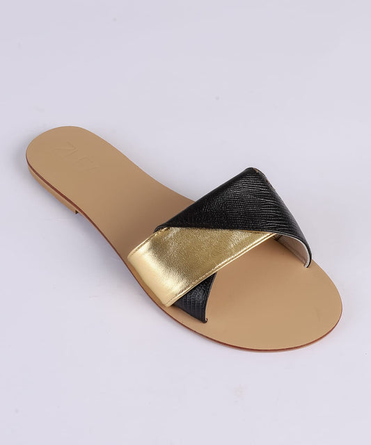 Faux Leather Crossover Strap Flat Slippers - Black & Gold