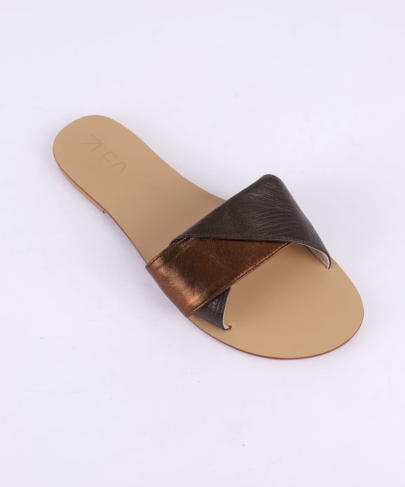 Faux Leather Crossover Strap Flat Slippers - Brown & Oxide