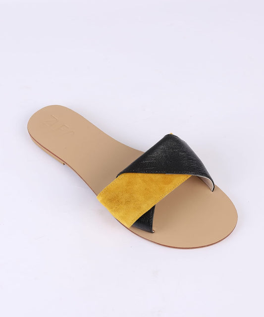 Crossover Strap Flat Slippers - Black & Yellow