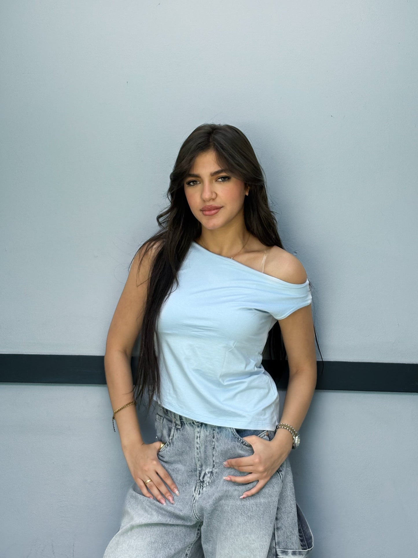 Cotton Asymmetric One-Shoulder Top – Baby Blue