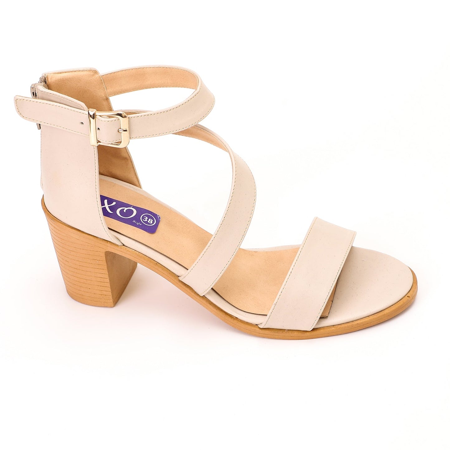 Faux Leather Strappy Block Heel Sandals – Beige