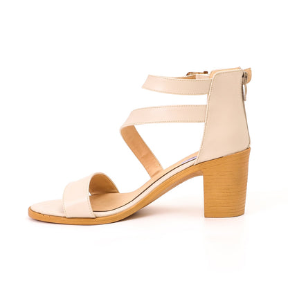 Faux Leather Strappy Block Heel Sandals – Beige