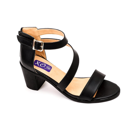 Faux Leather Cross Strap Block Heel Sandals – Black