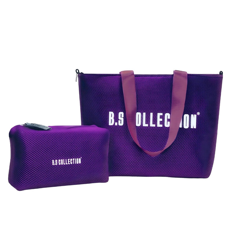 Leather and Fabric Double-Face Tote Bag - Purple & Black