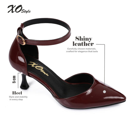 Patent Leather Solid Ankle Strap Pumps - Burgundy
