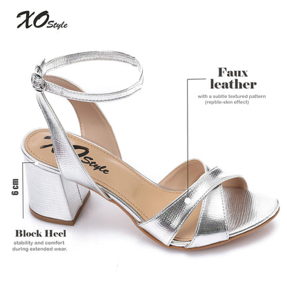 Faux Leather Cross-Strap Block Heel Sandals - Silver