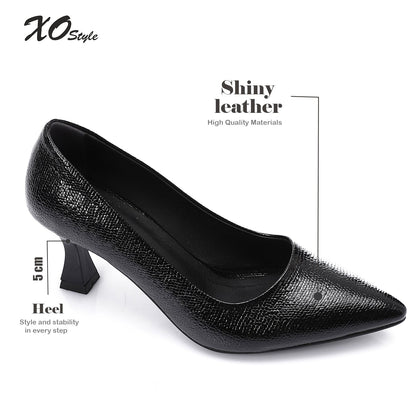 Faux Leather Textured Pointed-Toe Kitten Heels - Black