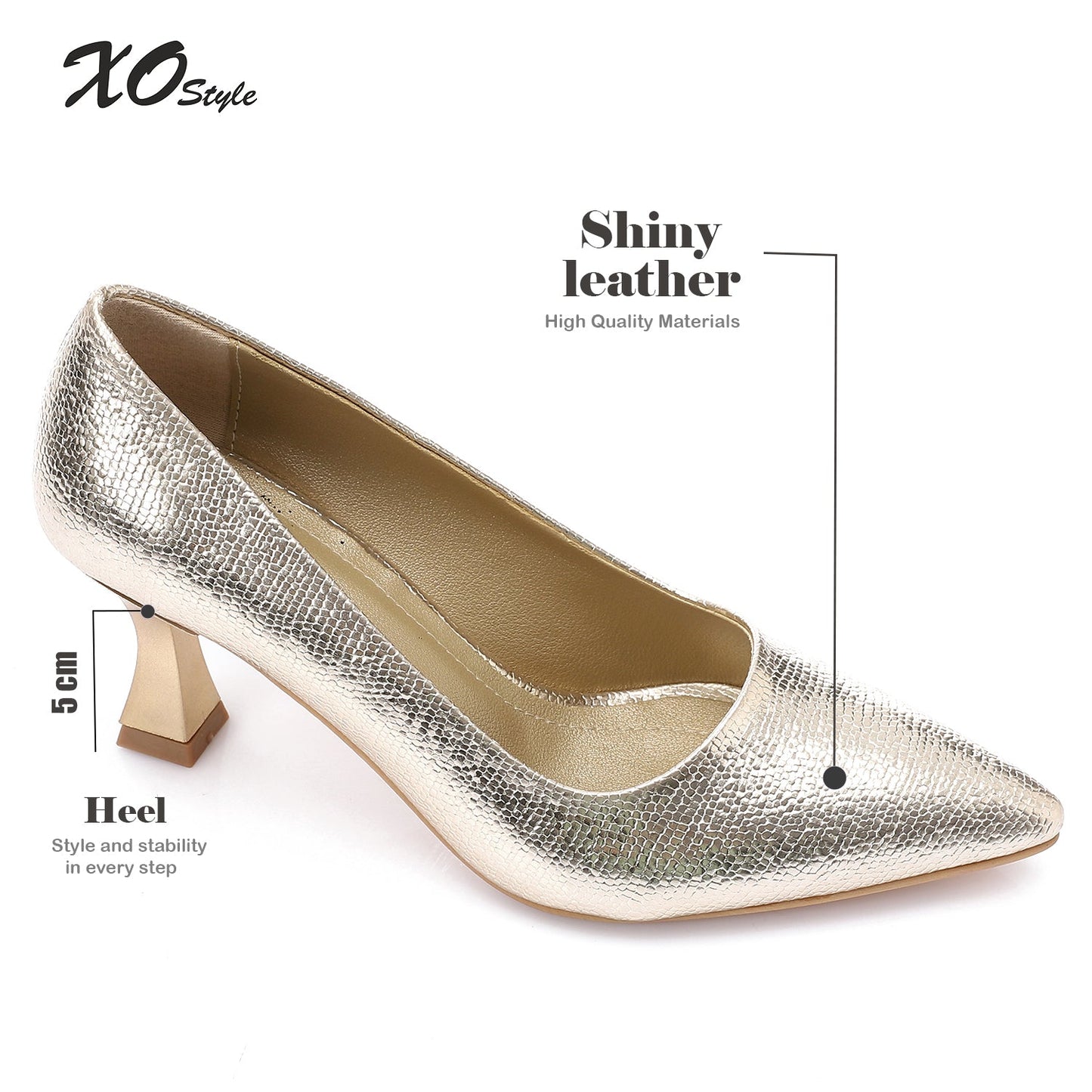 Faux Leather Textured Pointed-Toe Kitten Heels - Gold