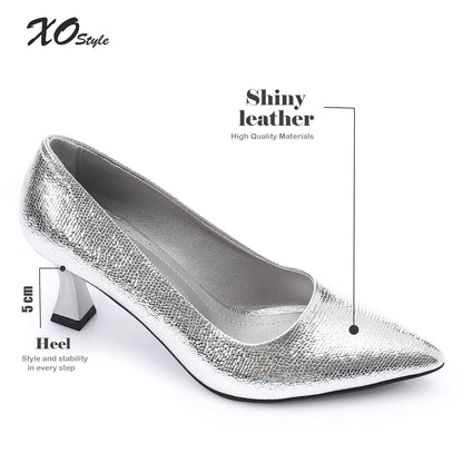 Faux Leather Textured Pointed-Toe Kitten Heels - Silver