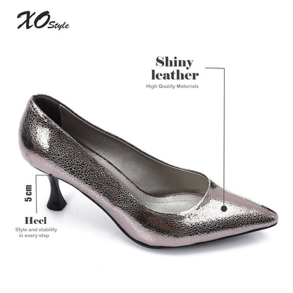 Faux Leather Pointed-Toe Sculptural Heel Pump - Smoky Grey