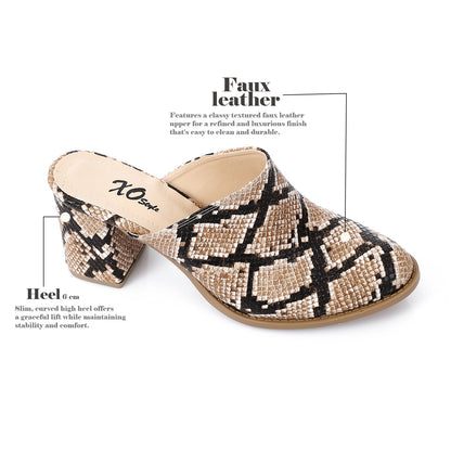 Faux Leather Snakeskin Block Heel Mules – Beige