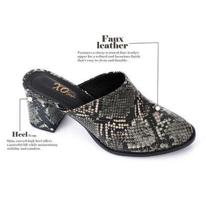Faux Leather Snakeskin Block Heel Mules – Black