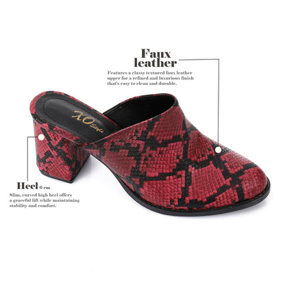 Faux Leather Snakeskin Block Heel Mules – Burgundy