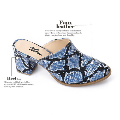 Faux Leather Snakeskin Block Heel Mules – Blue
