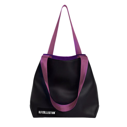 Leather and Fabric Double-Face Tote Bag - Purple & Black