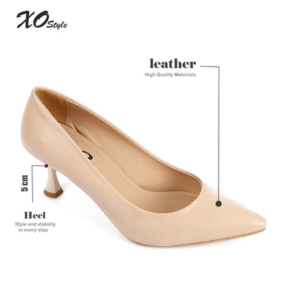 Leather Pointed-Toe Kitten Heel Pump - Beige