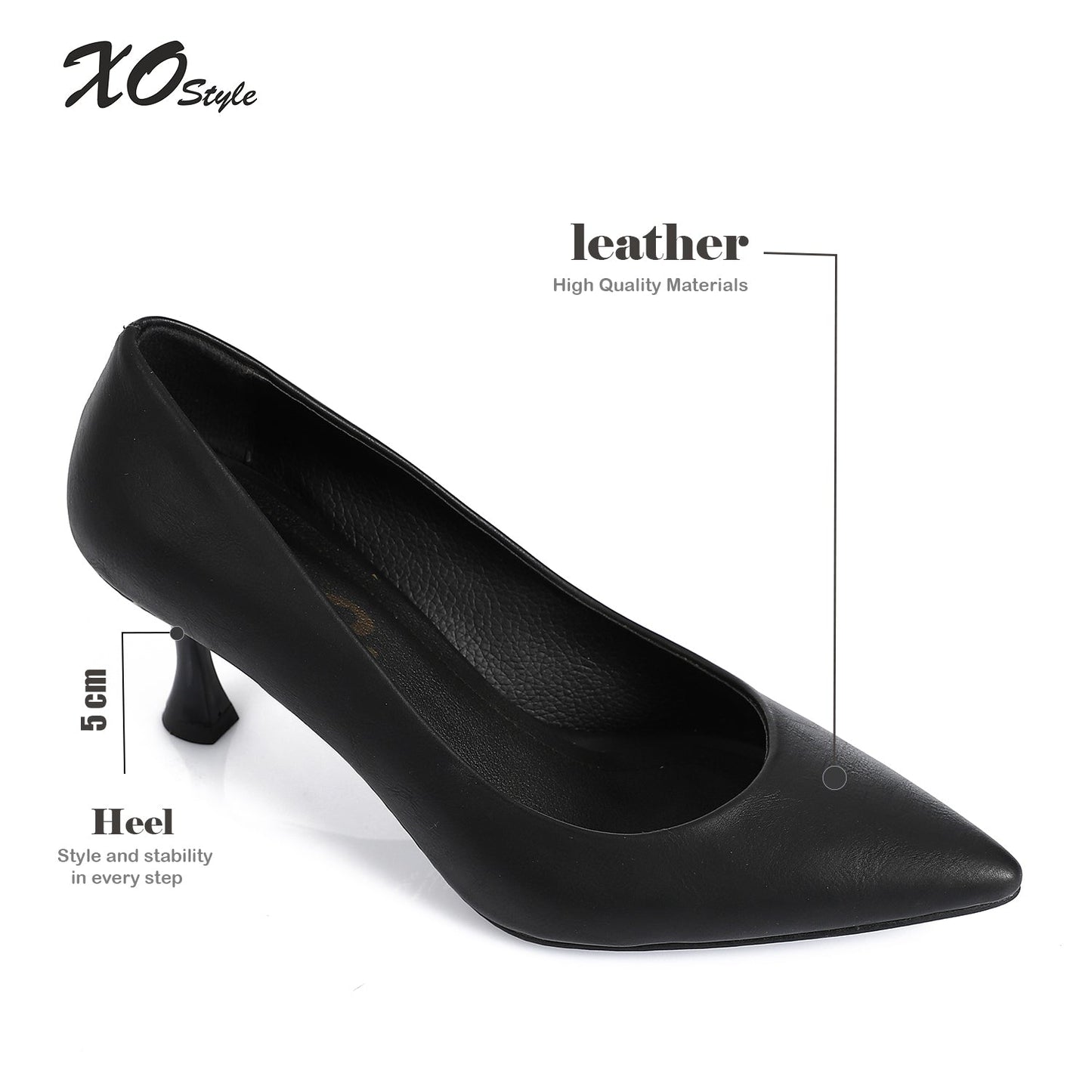 Leather Pointed-Toe Kitten Heel Pump - Black