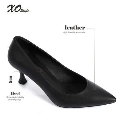 Leather Pointed-Toe Kitten Heel Pump - Black