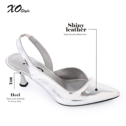Patent Leather Pointed-Toe Slingback Kitten Heel - Silver