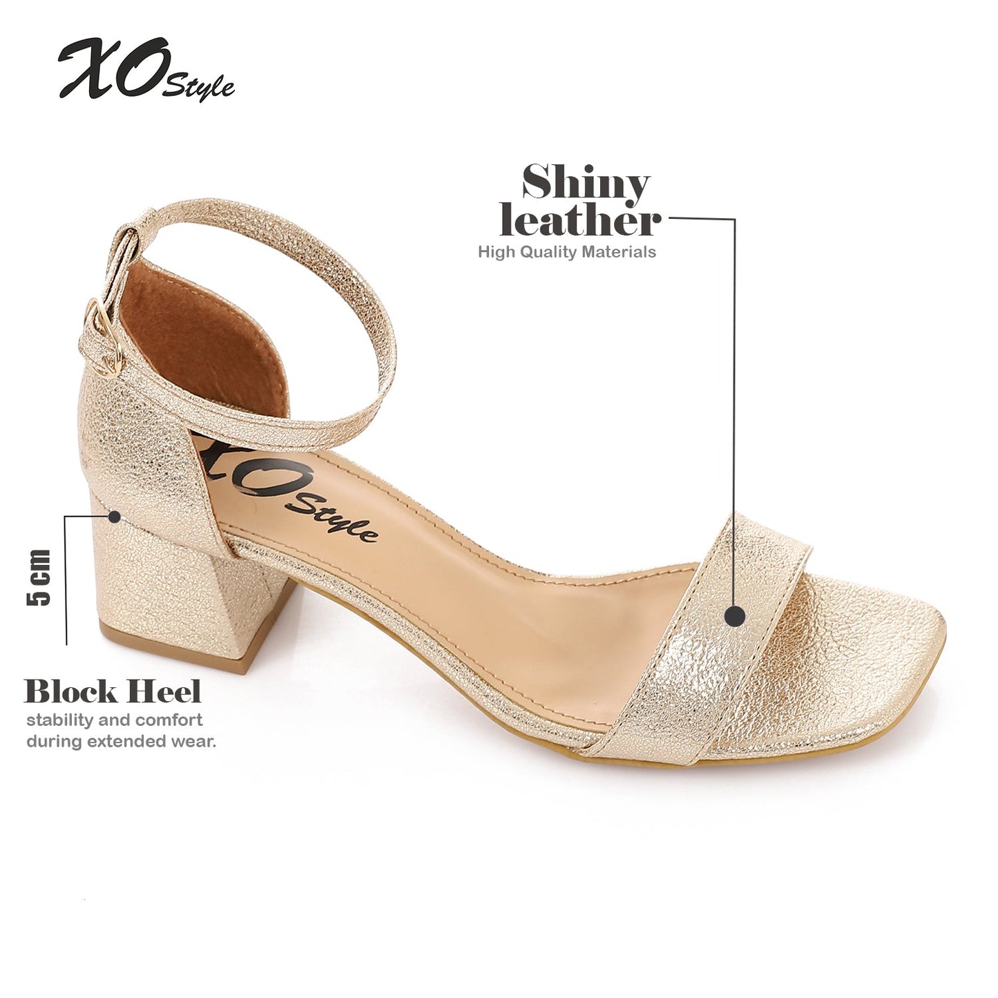 Faux Leather Low Heeled Ankle Strap Sandals - Gold