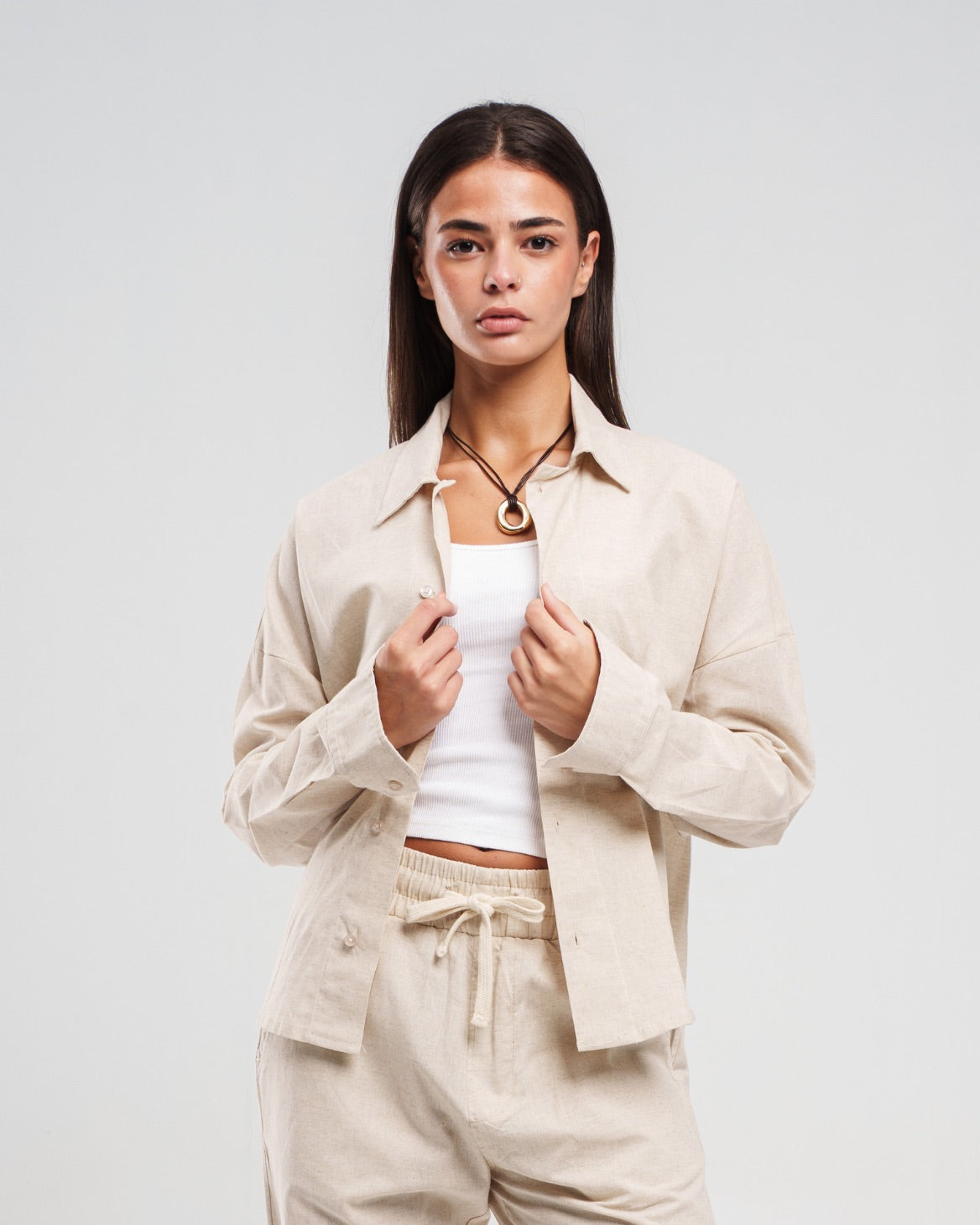Beige Long-Sleeve Button-Up Shirt