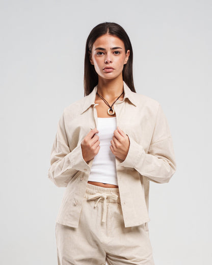 Beige Long-Sleeve Button-Up Shirt