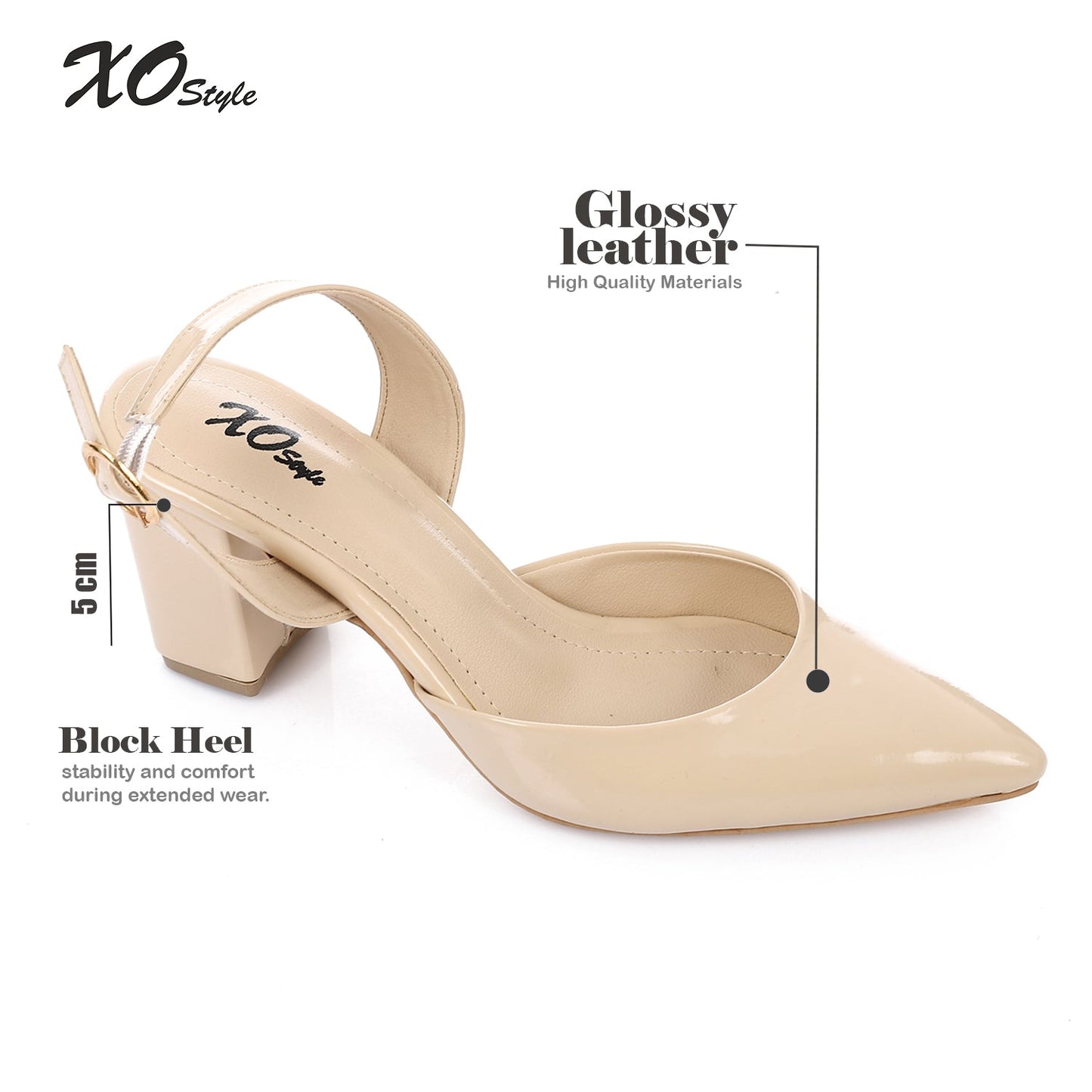 Patent Pointed-Toe Slingback Block Heels - Beige