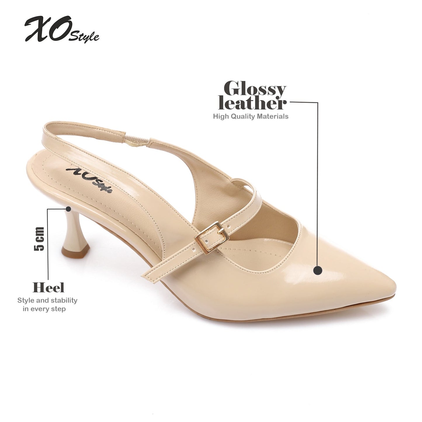 Patent Leather Pointed Toe Slingback Court Shoes - Beige