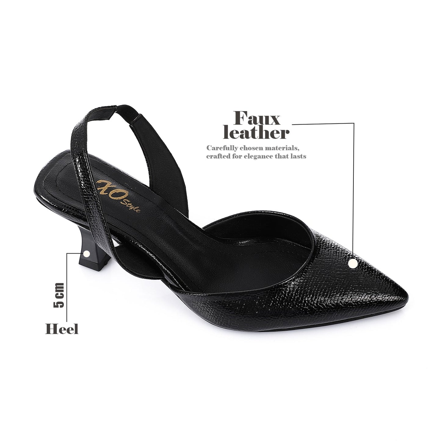 Faux Leather Metallic Slingback Kitten Heel Pumps – Black