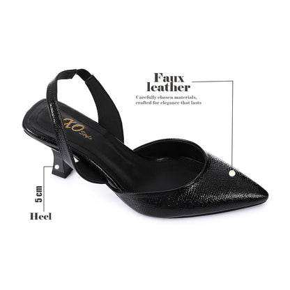 Faux Leather Metallic Slingback Kitten Heel Pumps – Black