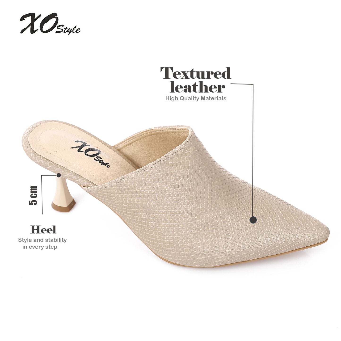 Faux Leather Pointed-Toe Kitten Heel Mule - Beige