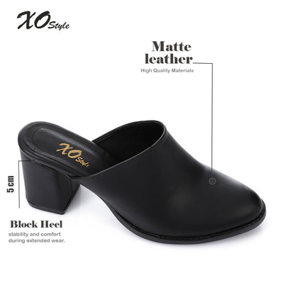Leather Solid Block Heel Mules – Black