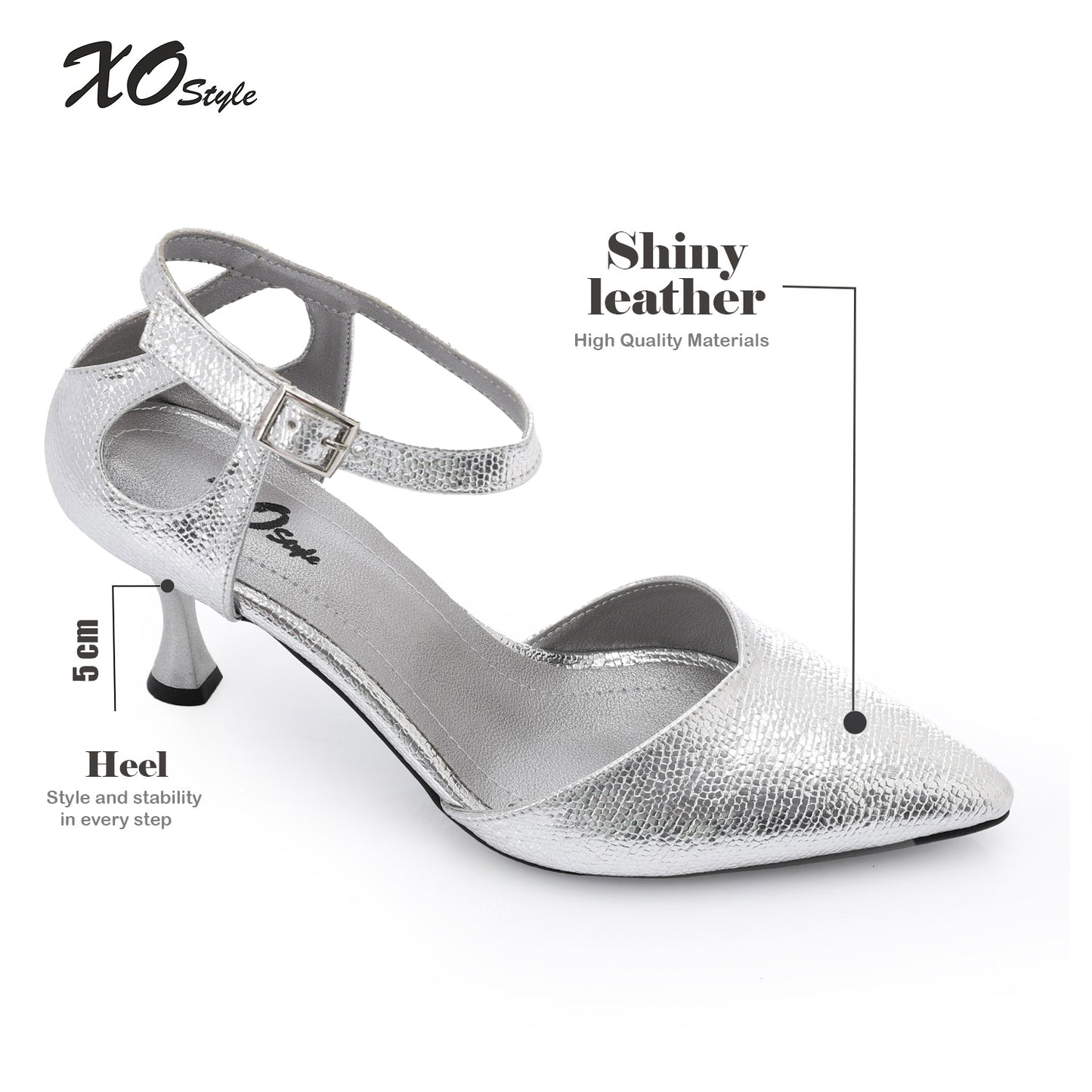 Faux Leather Pointed-Toe Kitten Heel Pump - Silver