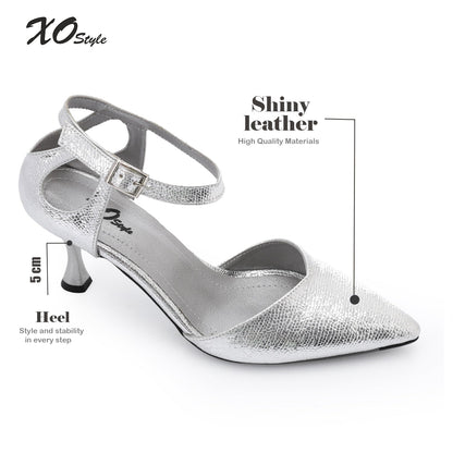 Faux Leather Pointed-Toe Kitten Heel Pump - Silver