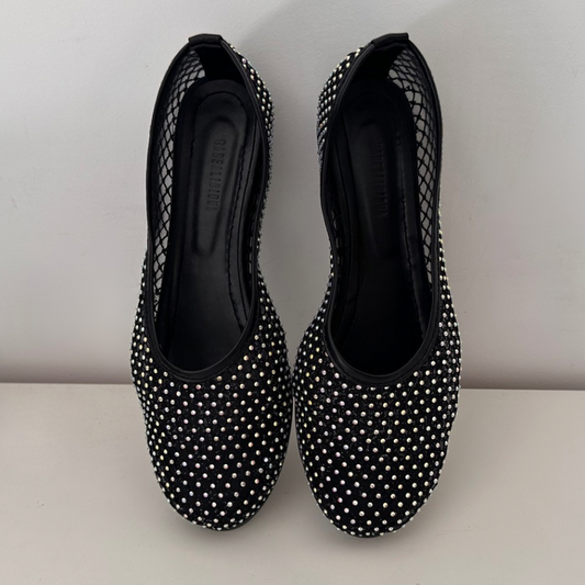 Crystal Fishnet Ballerina Flats – Black