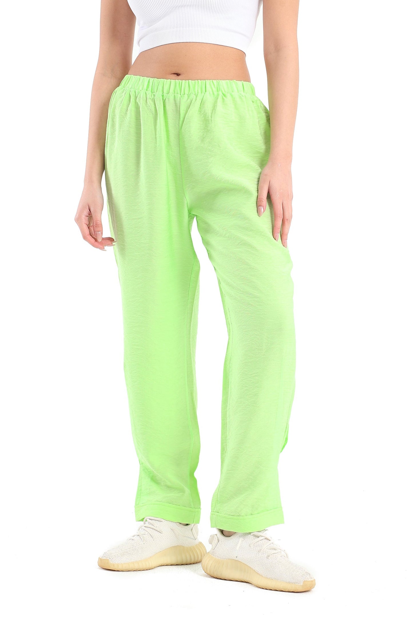 Boyfriend Fit Solid Pants - Lime