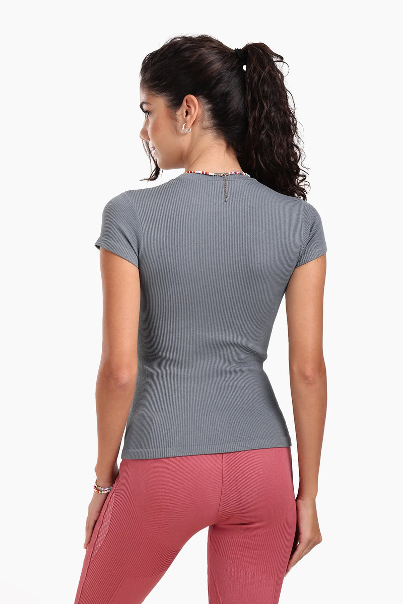 Polyamide Ribbed Slim Fit Top – Grey