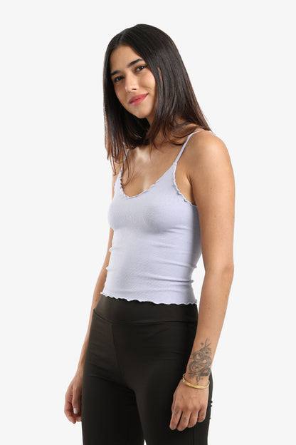 Microfiber Ribbed Plunge Ruffled Neck Top – Lavender