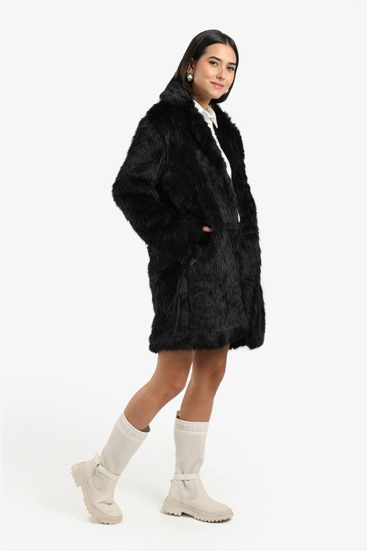 Sherpa Solid Above-Knee Coat – Black