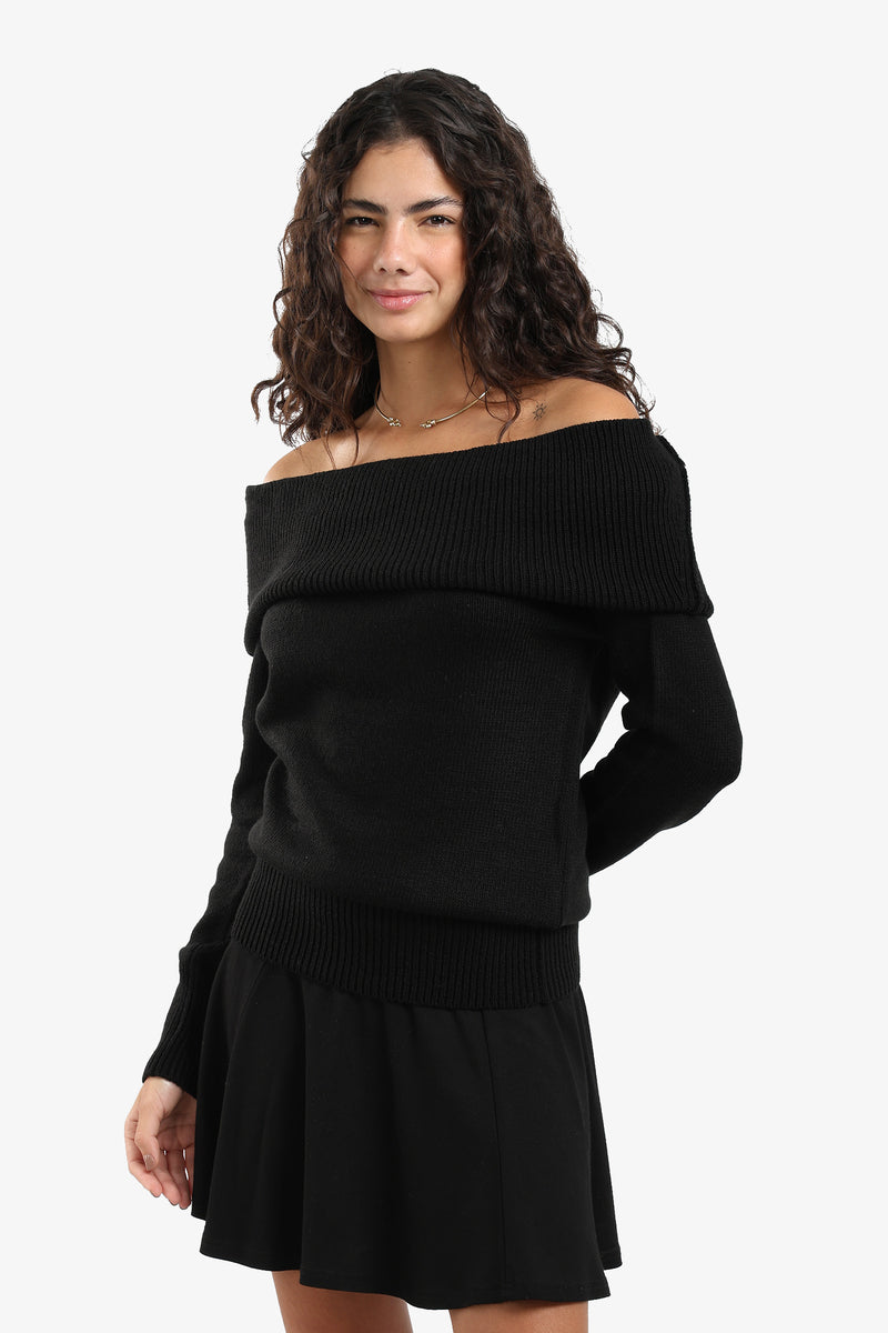 Acrylic Blend Ribbed Off-Shoulder Pullover – Black