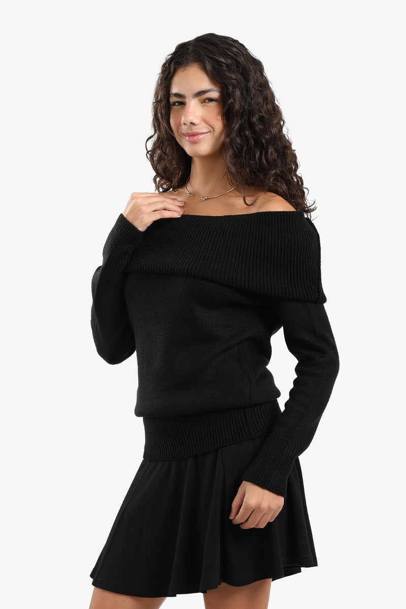 Acrylic Blend Ribbed Off-Shoulder Pullover – Black