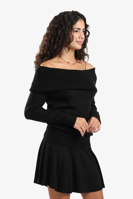 Acrylic Blend Ribbed Off-Shoulder Pullover – Black