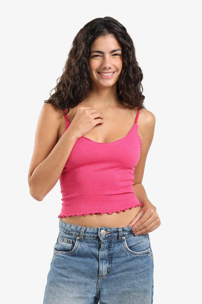 Microfiber Ribbed Plunge Ruffled Neck Top – Hot Pink